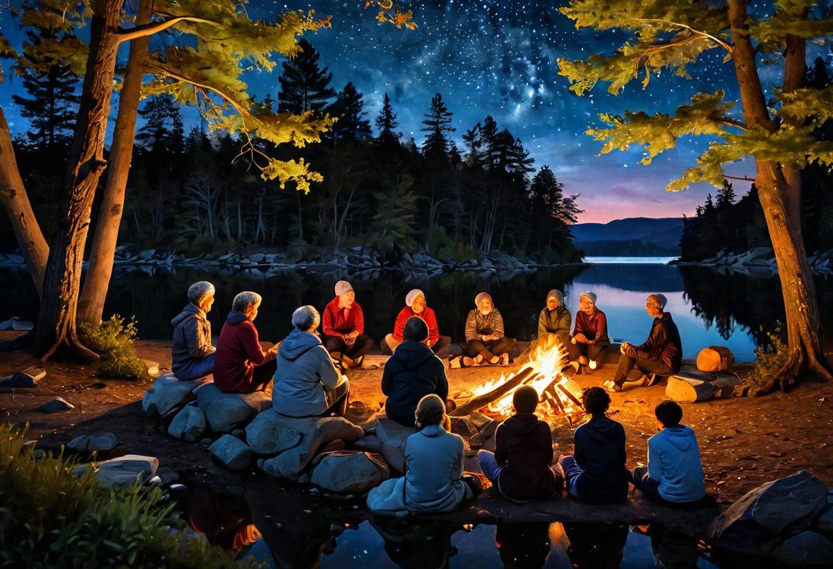 A warm, inviting scene featuring a diverse group of cancer survivors sharing inspiring stories around a cozy bonfire, surrounded by soft glowing lights and a starry night sky. Include elements of nature, like gentle trees and a peaceful lake, symbolizing healing and hope. Emphasize their joyful expressions and supportive body language, capturing the essence of courage and community. vibrant colors. super-realistic. warm atmosphere.