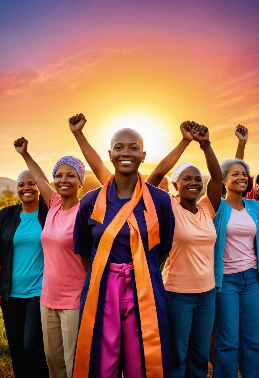 A symbolic representation of empowerment with a diverse group of cancer survivors standing together, radiating hope and strength. Include elements like a vibrant sunrise in the background, a ribbon symbolizing cancer advocacy, and a pathway leading to a clinical trial center. Capture the spirit of community, resilience, and healing. super-realistic. vibrant colors. warm lighting.