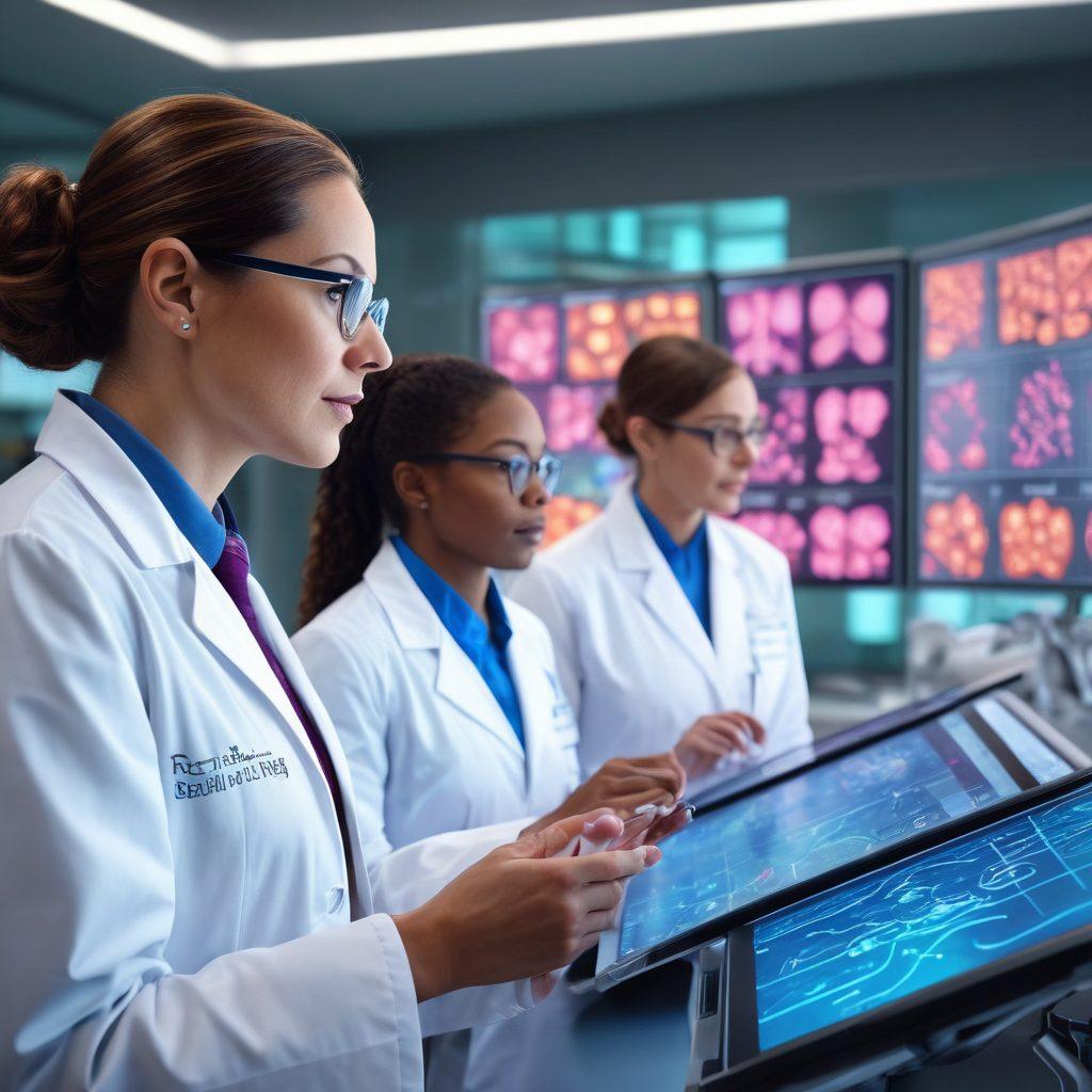 A thoughtful physician guiding a diverse group of patients through a high-tech research facility, showcasing cancer research data on screens, with vibrant charts and illustrative molecular structures in the background. Emphasize a sense of empowerment and collaboration. Capture a hopeful atmosphere with warm lighting. super-realistic. vibrant colors. 3D.